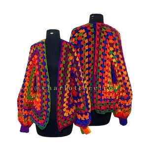 vtg Neon Granny Square Open Crochet Knit Cardigan